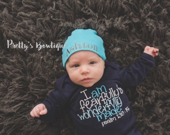 Newborn boy coming home outfit gown and beanie -- I am fearfully & wonderfully made Navy Gown psalm 139:14. Perfect coming home outfit