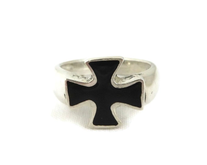 Men's Black and Silver Cross Ring, Vintage Black Enamel and Sterling Silver Ring, Size 11