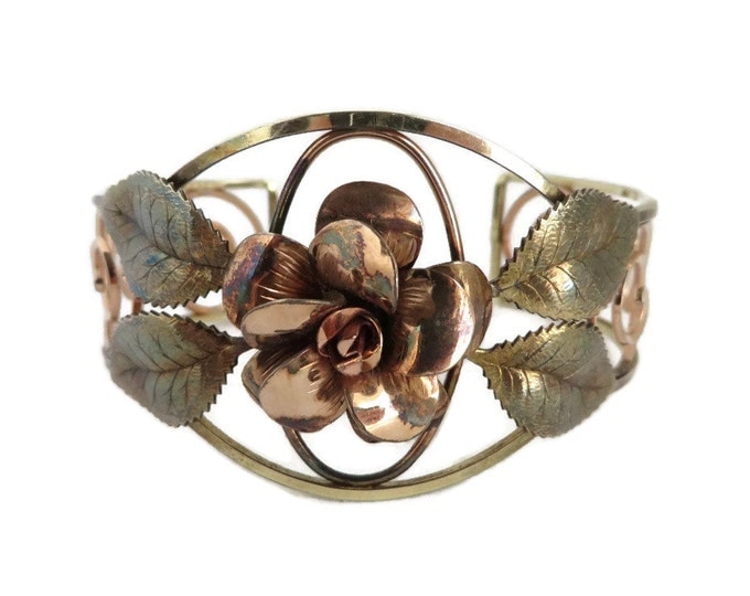 Vintage Copper Rose Cuff, Two Tone Flower Bracelet