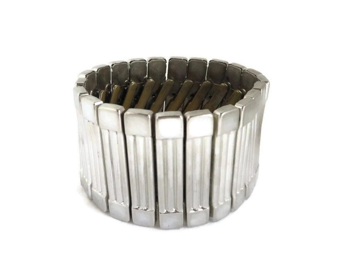 Vintage Expansion Bracelet | Chunky Silver Tone Bracelet - Ribbed Wide Band Cuff