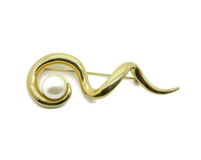 Vintage AVON Squiggle Brooch - Gold Tone Faux Pearl Pin, Gift for Her