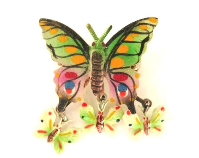Vintage Hand Painted Butterfly Brooch, Korean Brooch, Dangling Butterflies Pin