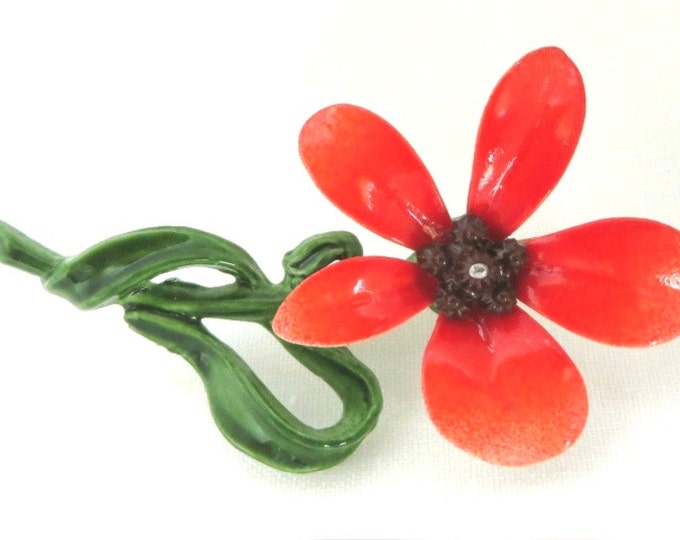 Orange Enamel Brooch, Vintage Flower Brooch, Hippie Pin, MOD Pin, Retro Brooch