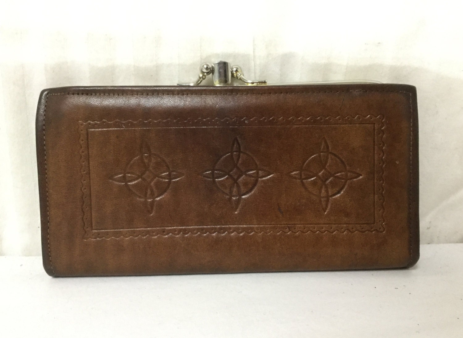 Tooled Leather Wallet Double Kiss Lock Coin Purse