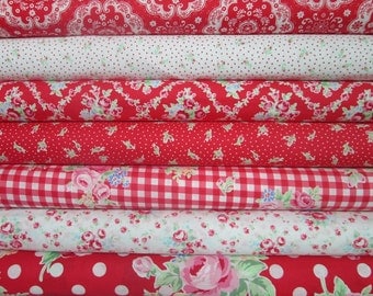 Lecien Flower Sugar, Fall 2015, Red and White, Fat Quarter Bundle of 7, Japanese Fabric
