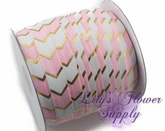 Fold Over Elastic, FOE, Foldover Elastic, Elastic By The Yard, FOE Elastic, 5/8 Elastic, Wholesale Elastic, Pink Gold Foil Chevron TRE6793