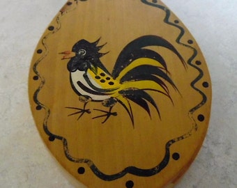Vintage, 1950-60 hamburger press with rooster design. Woodpecker Woodware, Made in Japan