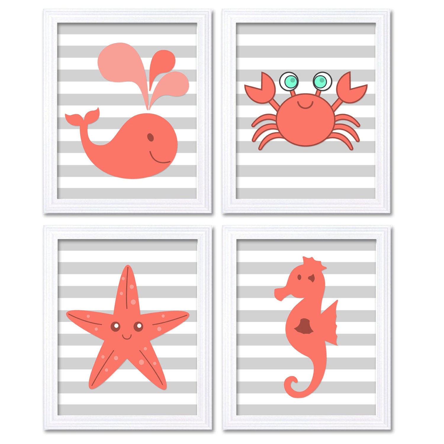 Pink Coral Sea Animals Nursery Decor Nursery Wall Art Print Baby Art Set of 4 Prints Whale Starfish 