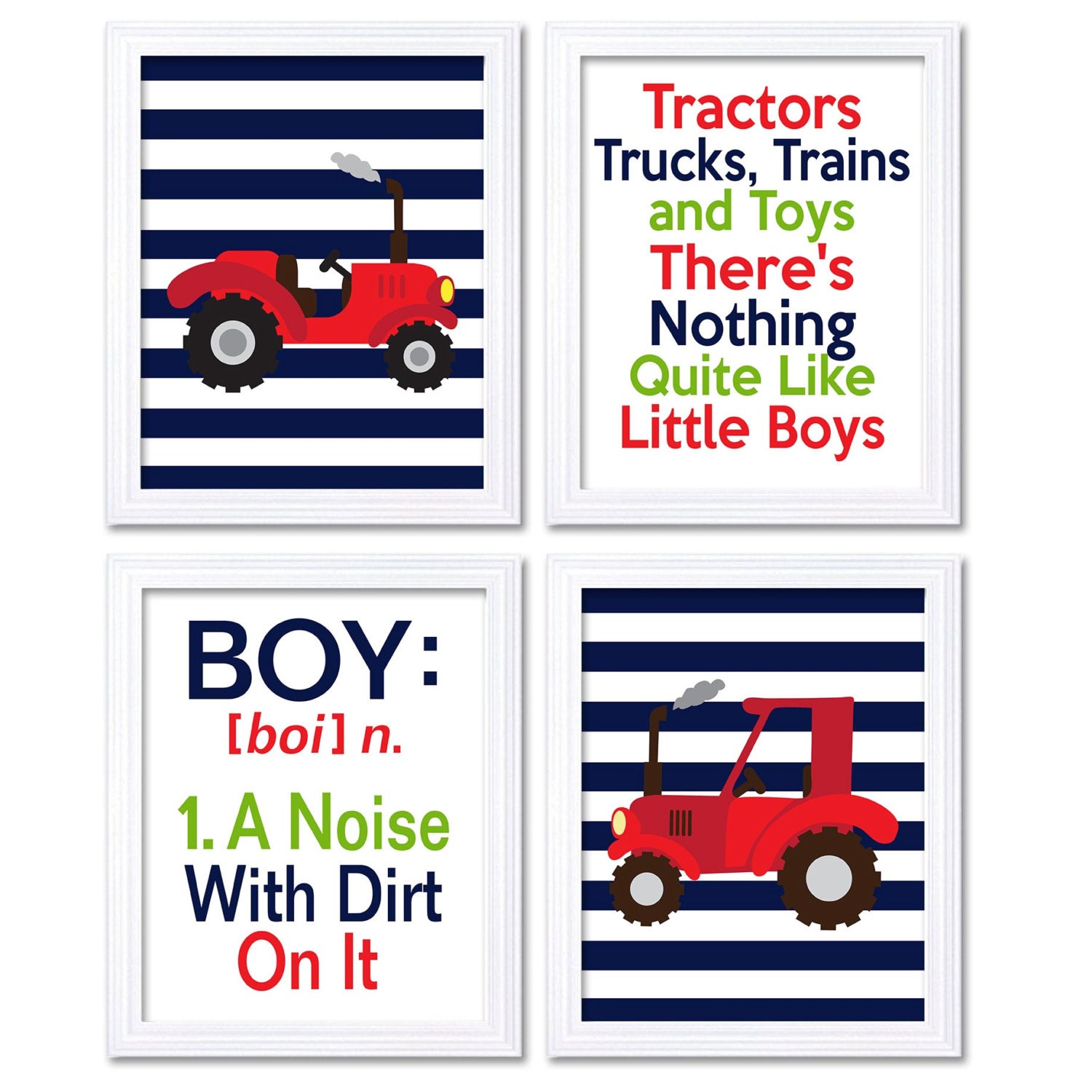 Nursery Art Tractors Trucks Toys Theres Nothing Quite Like Little Boys Prints Set of 4 Navy Blue Red