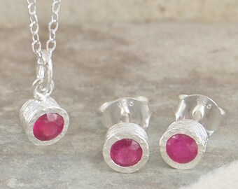 Ruby Necklace, Ruby Earrings, Ruby Jewellery, Silver Stud Earrings, Ruby Studs, Ruby Pendant, Jewellery Set, Gifts for Her, July Birthstone