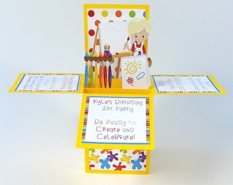 Art Party Birthday Invitation, Paint Party, Art Birthday, Art Party, Birthday Invitation, Boxcard, Pop up Card, Unique Invitation, 3D