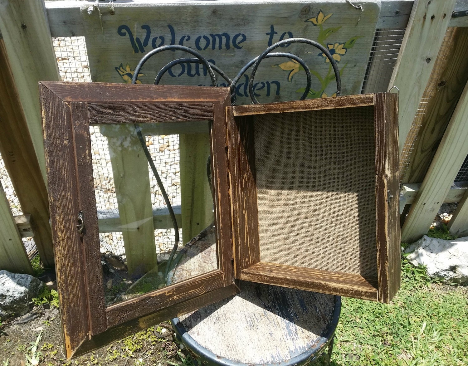 Rustic Shadow Box Burlap Pin Board Back Glass Frame Distressed