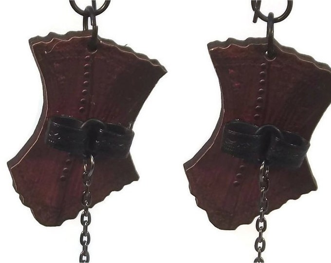 Maroon Red Steampunk Corset w/Chain & Key Dangle Drop Shoulder Duster Earrings Wood Nickle Free Gun Metal Ear Wires