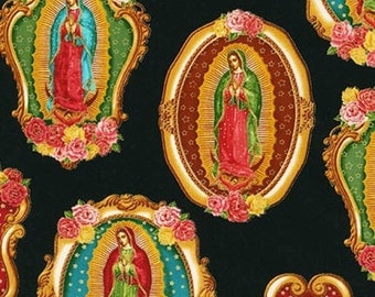 Virgin of Guadalupe fabric by Robert Kaufman from Inner Faith, black background