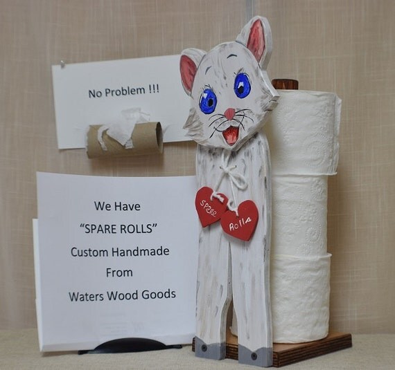 Toilet Paper Holder Wooden White Cat Handcrafted