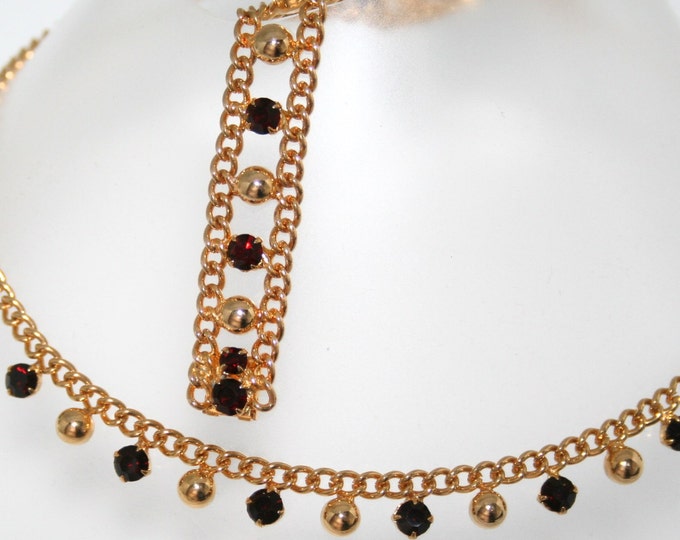 Vintage Ruby Red Rhinestone Necklace Bracelet Gold Plated Czechoslovakia