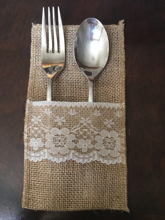 Items similar to Burlap and Lace Cutlery Holder (set of 10) on Etsy