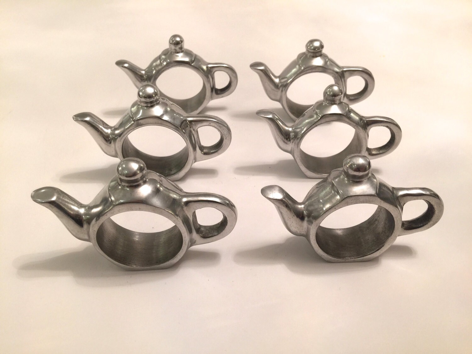 Adorable Set of 6 Vintage Solid Aluminum Teapot Shaped Napkin Rings