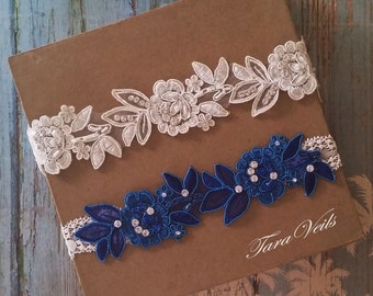 Wedding Garter Set,Bridal Garter Ivory,Ivory Royal Blue Garter,Wedding Garter White,Lace Garter, Garter Set light Ivory, garter set white