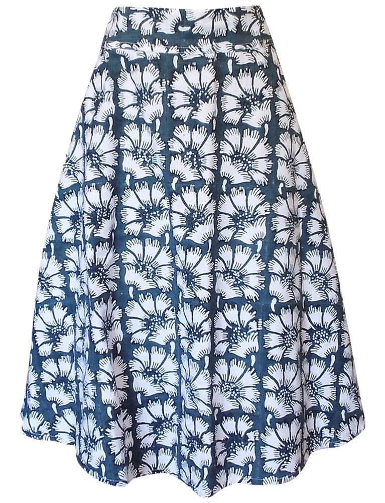 Green Floral Mid Length A-Line Cotton Skirt with Pockets: