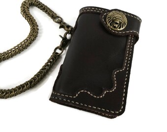 Men's leather chain wallet Skull men leather wallet bifold Dark brown rider wallet Biker wallet mens leather Biker wallet chain hand stitch