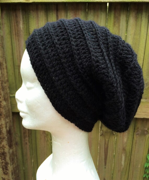 Crocheted textured slouchy beanie black pure Australian wool