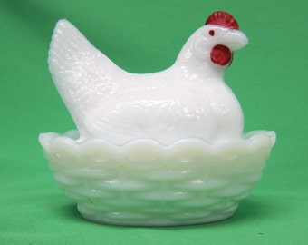 Westmoreland Milk Glass Nesting Hen in Basket Red Comb