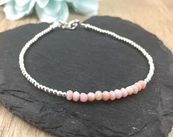 Pink Opal Bracelet, Birthstone Bracelet, Sterling Silver, Dainty, Skinny, Thin, Gemstone Bracelet