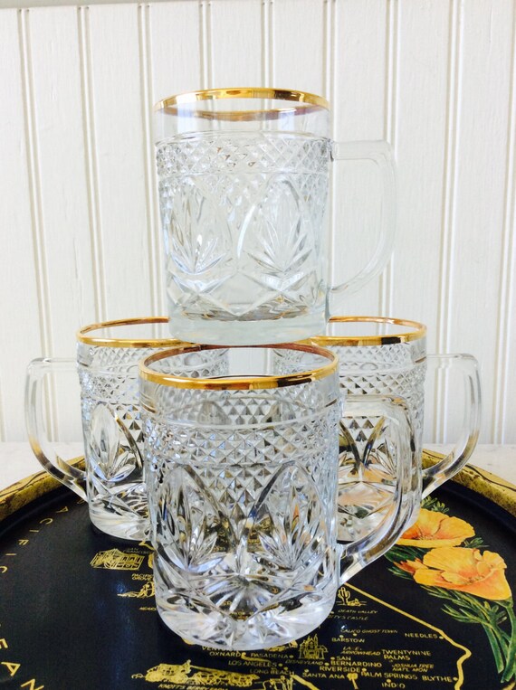 Four Vintage Clear Cut Glass Crystal Gold Rim Mugs