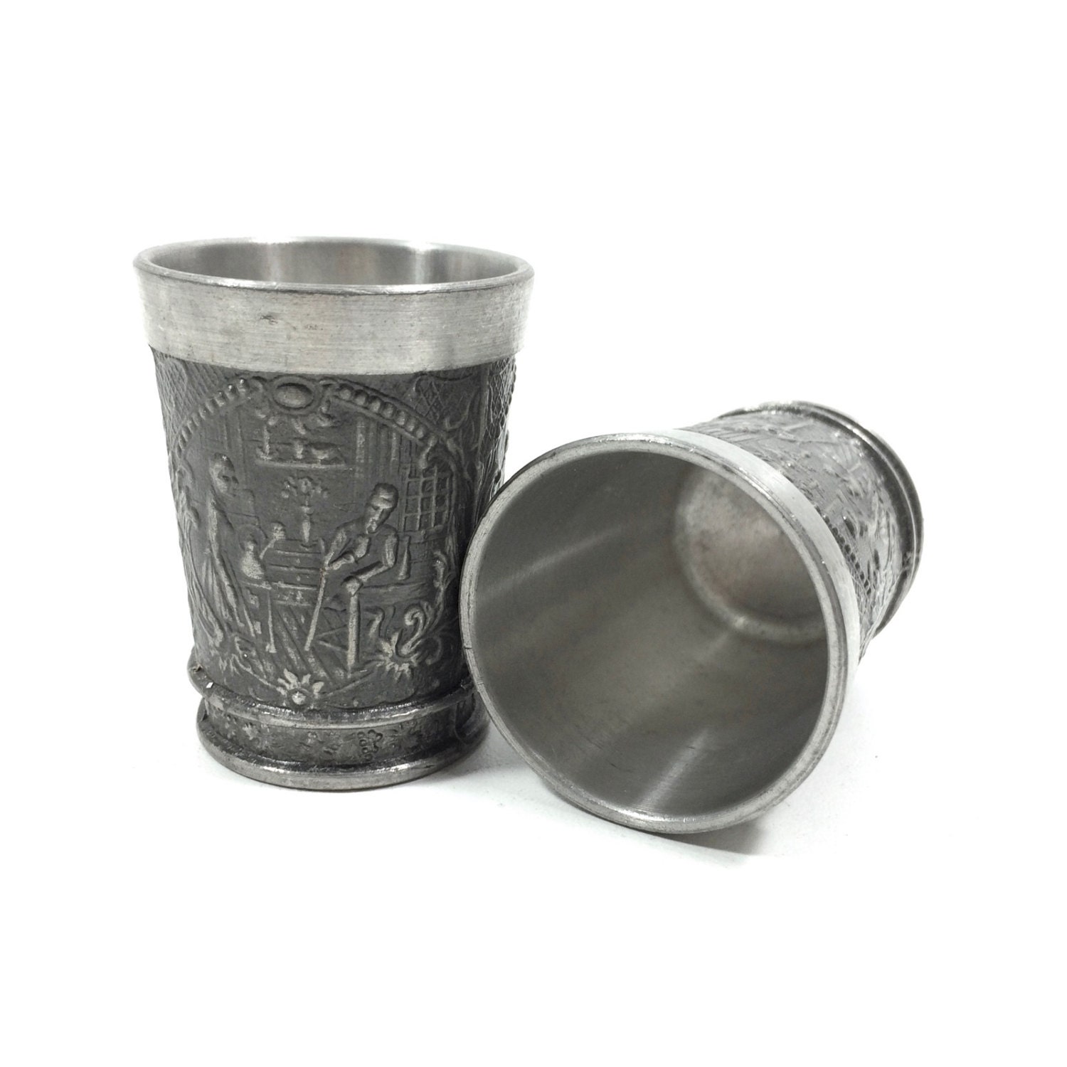 Pair of Vintage Pewter Shot Glasses with Medieval Pub Scene