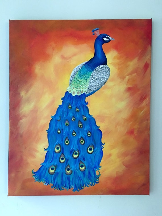 Items similar to Blue Peacock Painting Canvas Acrylic 16x20 Animal Art ...