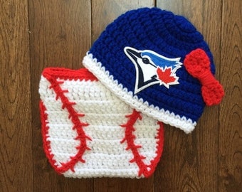 Toronto Blue Jays Baby Girl Crochet Bow Hat with MLB Patch and Baseball Diaper Cover Set Photo Prop (Made to Order)