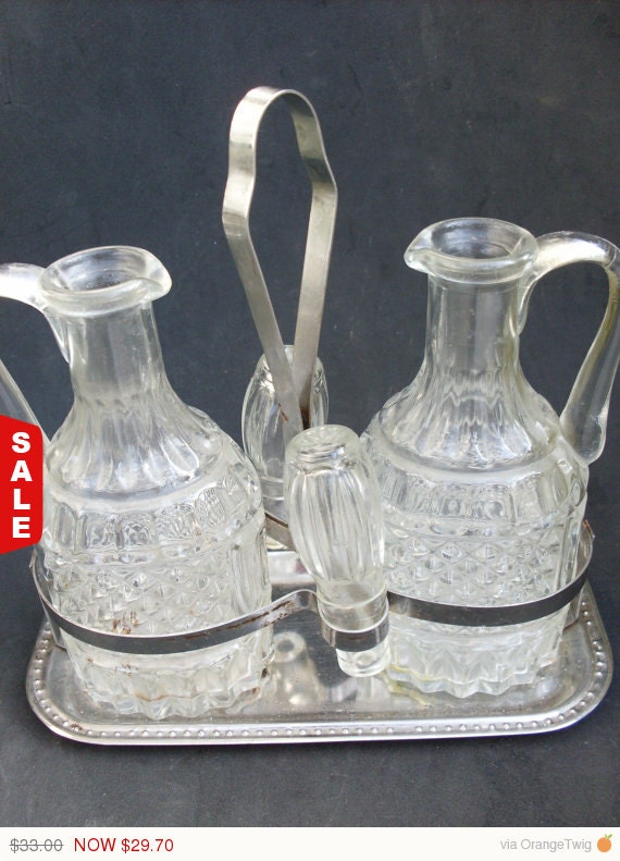 Vintage Italian Crystal Oil and Vinegar Cruets with original Stainless