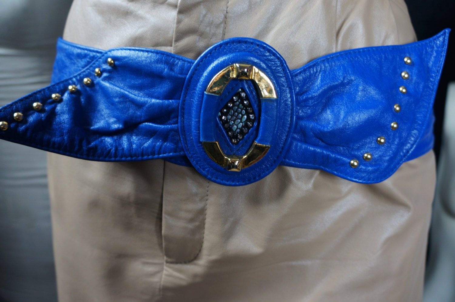 80s Wide Leather Belt 80s Blue Leather Gothic Belts Designer