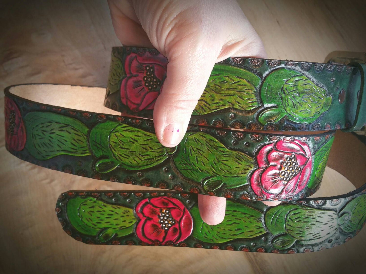 leather belt prickly pear cactus floral with gem buckle sized
