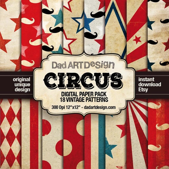 Circus Vintage Patterns Digital Paper Pack 01  |  Wallpapers  |  backgrounds  |  scrapbook supplies  |  clipart  |  instant download