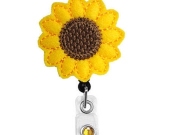 Sunflower - Name Badge Holder - Nurses Badge Holder - Cute Badge Reels - Unique ID Badge Holder - Felt Badge - RN Badge Reel - Retractable