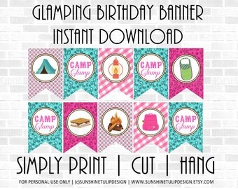 Printable Glamping Birthday, Camp Glamp Birthday, Glamping Birthday Banner by SUNSHINETULIPDESIGN