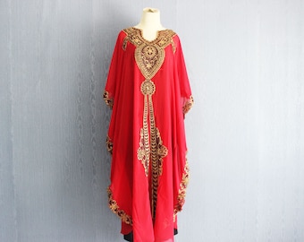 Moroccan Dubai Red Kaftan Dress, Plus Size Maxi Caftan Dress Chiffon Kaftans, Red Caftans Kaftans, Gold Embroidery Kaftan Dress