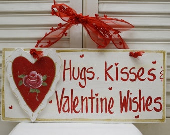 Valentine's Day Hugs & Kisses Hand Painted Wood Sign