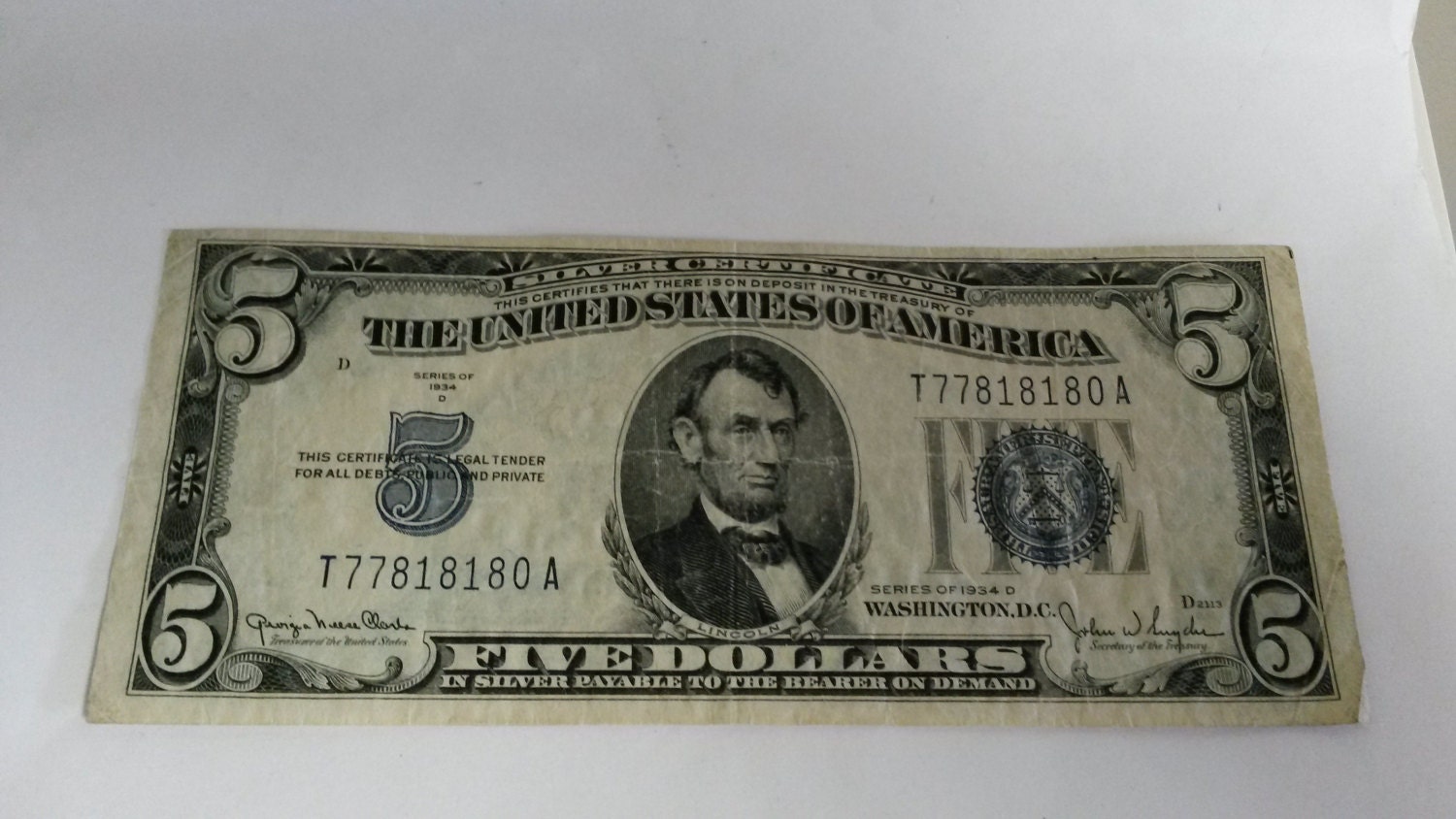 1934 D 5 Dollar US Note Bill Silver Certificate Federal