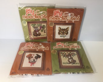 ANIMAL NEEDLEPOINT KIT, Cat Needlepoint Kit, Dog Needlepoint Kit, Vintage needlepoint kit, Rabbit needlepoint, Raccoon needlepoint,small kit