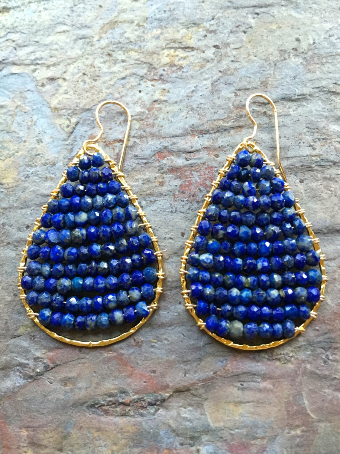 Lapis gemstone gold hoop statement earrings