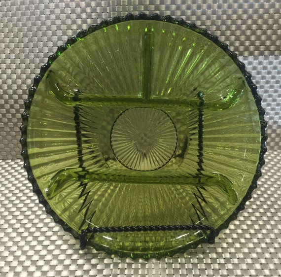 Indiana Glass Co Green glass divided serving platter round