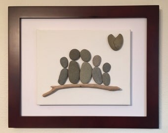 Pebble Art/ Family of Five/ Canvas /Family Sculpture/ California Big Sur/ heart shaped rock/ driftwood/ floating cancas