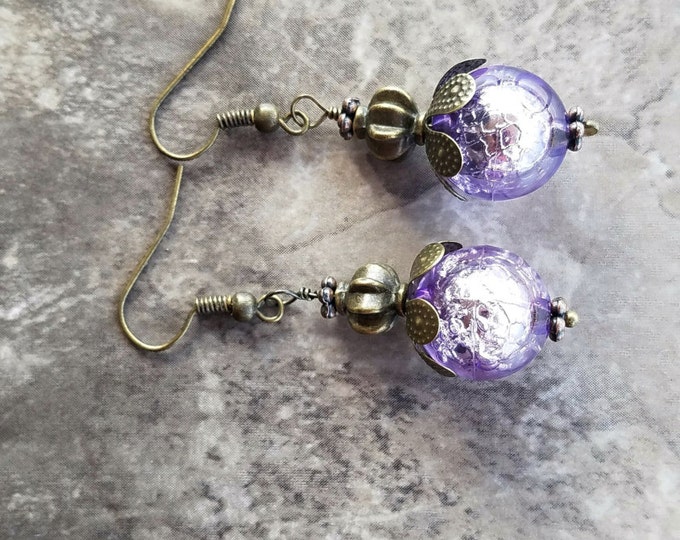 Brass purple dangle, boho purple earrings, lilac earrings, dangle purple, purple dangles, light purple earrings, lavender earrings