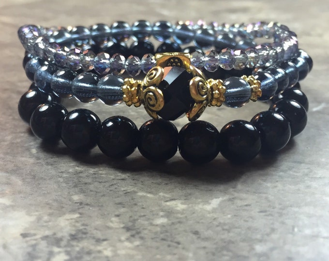 Black three set bracelet, black bracelets, set of black bracelets, black crystal bracelets, stackable bracelet, elastic bracelet