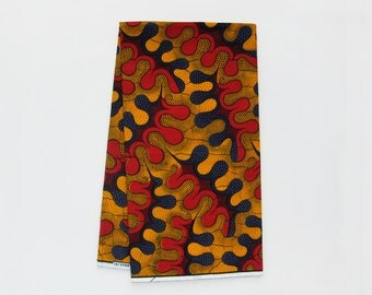 Wax print fabric by Vlisco - red mustard geometric african print fabric - organic motif