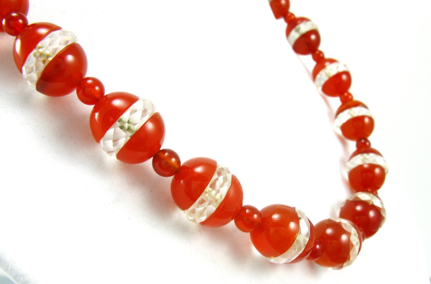 Vintage Carnelian Bead Necklace / Clear Faceted Crystal