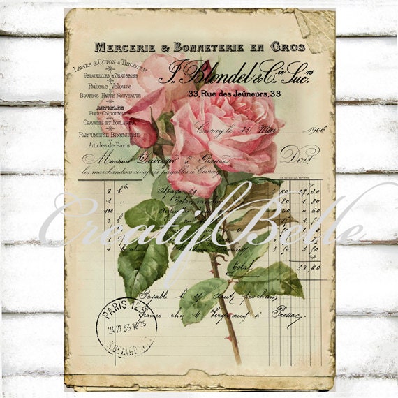 Antique Pink Rose Vintage French Invoice Large by CreatifBelle